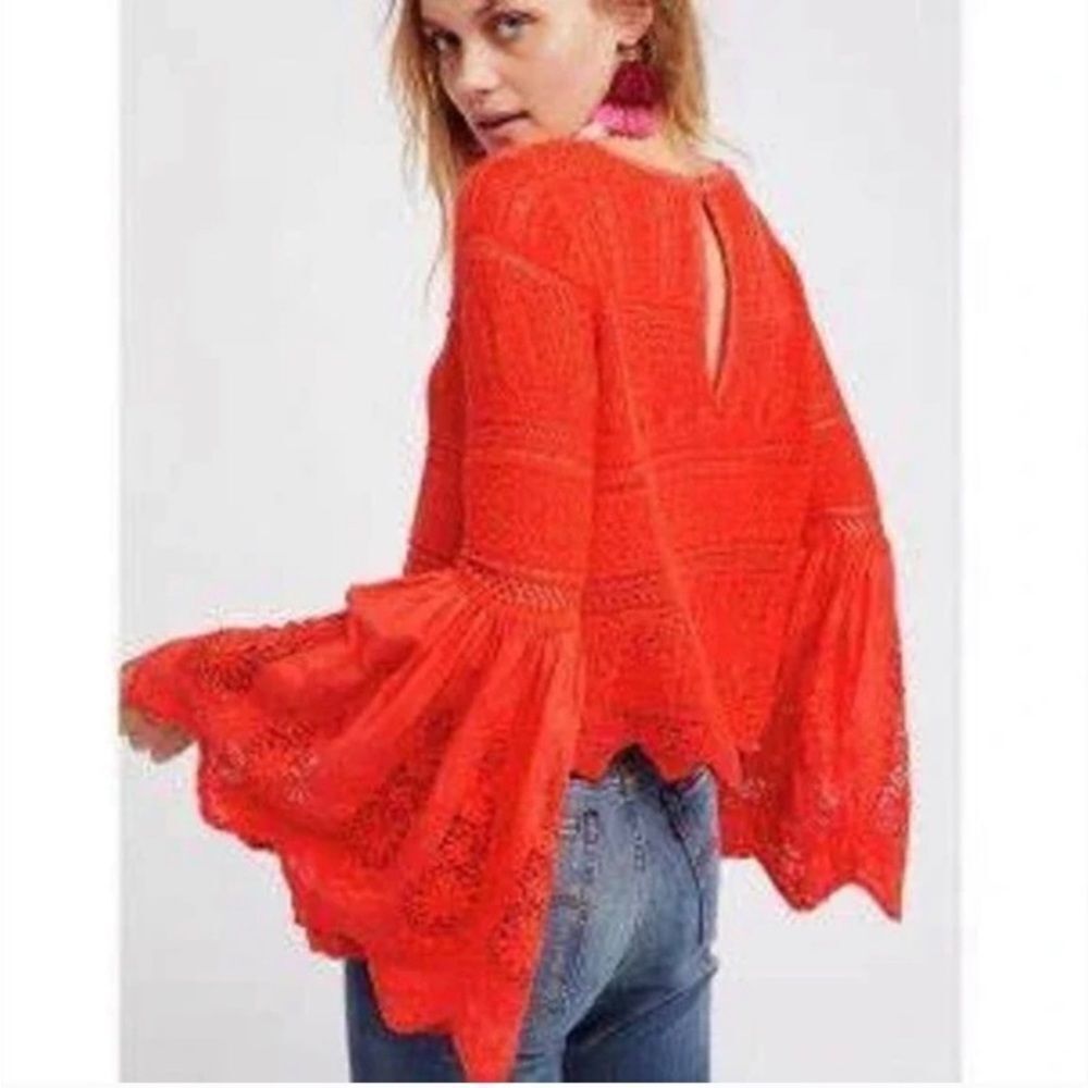 Free People Red Lace Bell Sleeve Top - Picture 2 of 15